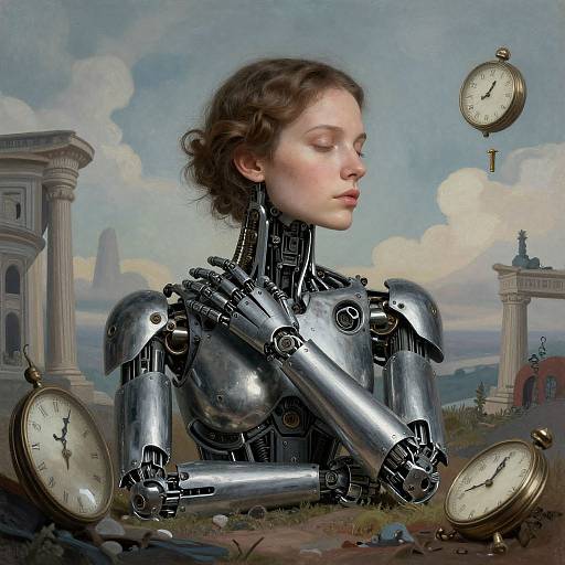 Digital painting of a serene, metallic, human-robot hybrid woman with curly brown hair, surrounded by floating clocks, ancient Roman columns, and a cloudy