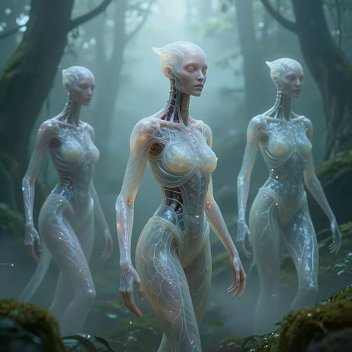 CGI fantasy image of three translucent, humanoid female figures with glowing blue highlights, standing in a misty, forested background.