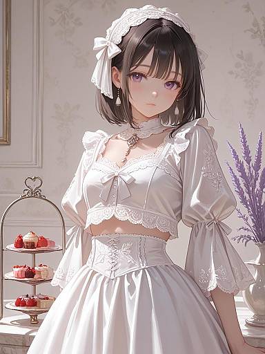 Young woman in white lace blouse and skirt