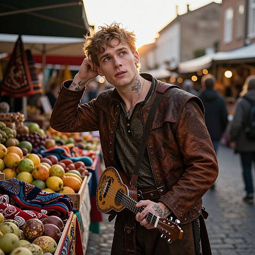 Photograph of a young, tattooed man with tousled hair, wearing a brown leather jacket, playing a banjo at a vibrant, sunlit
