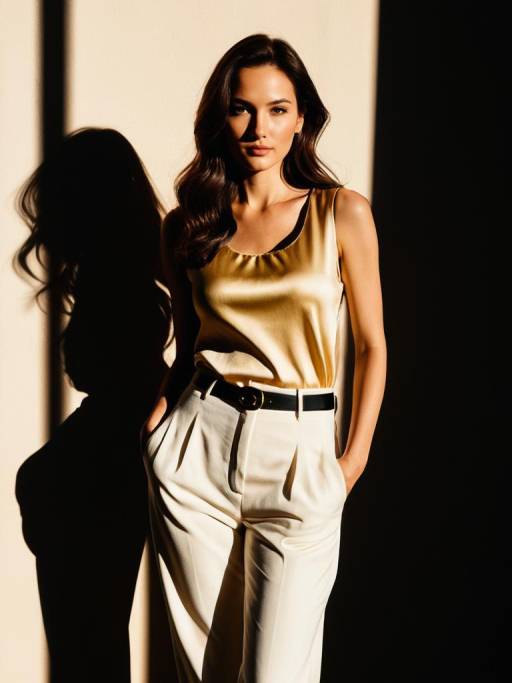 Woman in Chic Silk Blouse and Tailored Pants