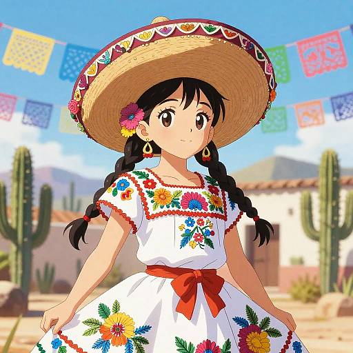 Anime Girl in Traditional Mexican Dress