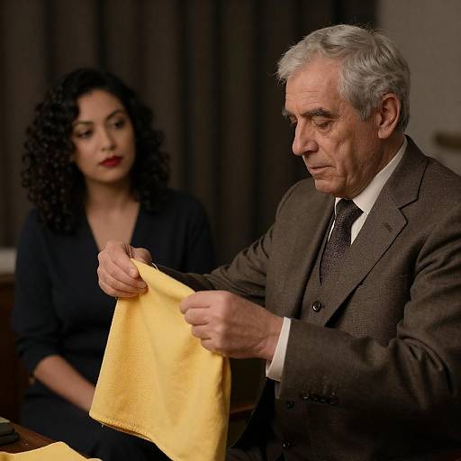 Older Man Folding Yellow Cloth, Woman Watching