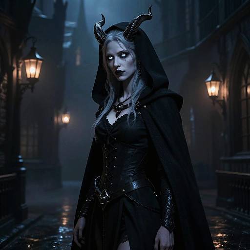 Dark, gothic photograph of a pale woman with glowing eyes, black hooded cloak, and horned headpiece, standing on a misty,
