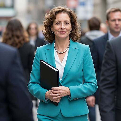 Photograph of a smiling middle-aged woman with wavy brown hair, wearing a turquoise blazer, pearl necklace, and holding a black folder, standing