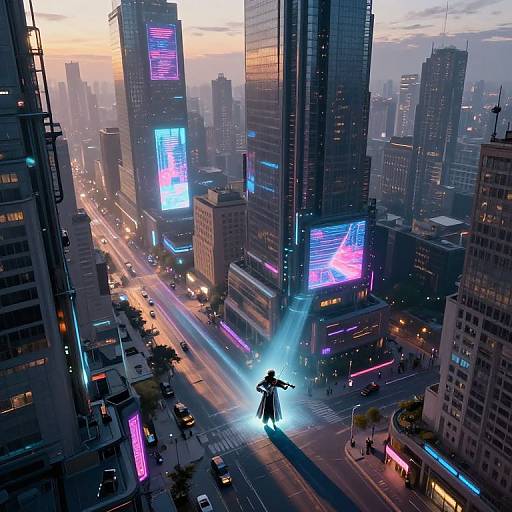 CGI cityscape at dusk: neon-lit skyscrapers, glowing billboards, blue spotlight on silhouetted figure in center, busy