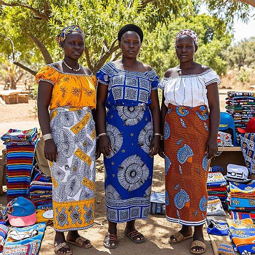 Photograph of three African women in colorful, patterned dresses, standing outdoors beside vibrant, patterned fabric displays, under a tree.