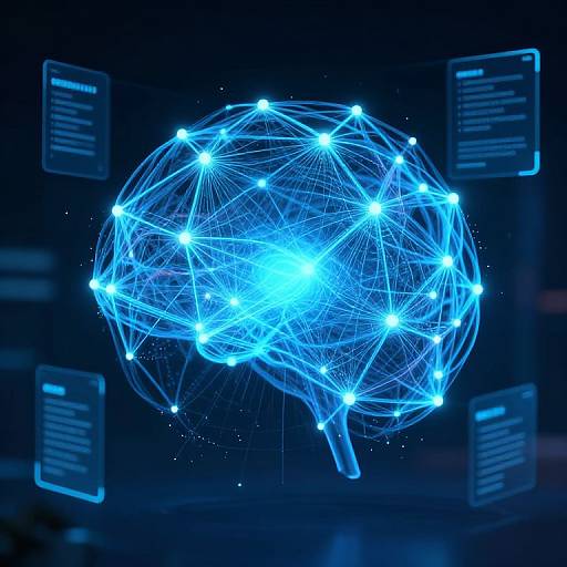 Digital CGI image of a glowing blue brain made from interconnected neon dots, set against a dark background with floating blue text panels.