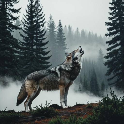 Howling Grey Wolf in Misty Forest Howling Grey Wolf in Misty Forest