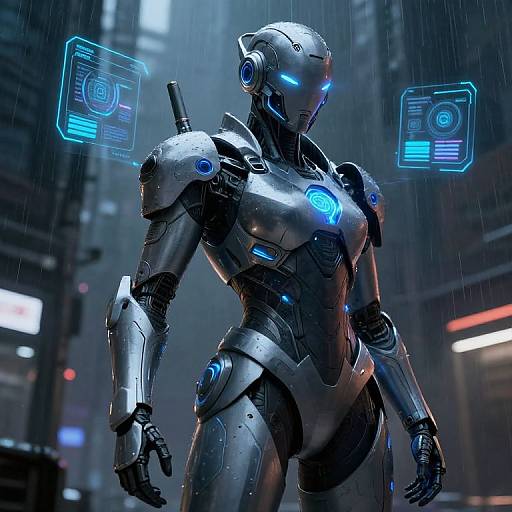 Digital artwork of a sleek, futuristic, blue-lit humanoid robot standing in a rainy, neon-lit cityscape. Glowing holographic screens float