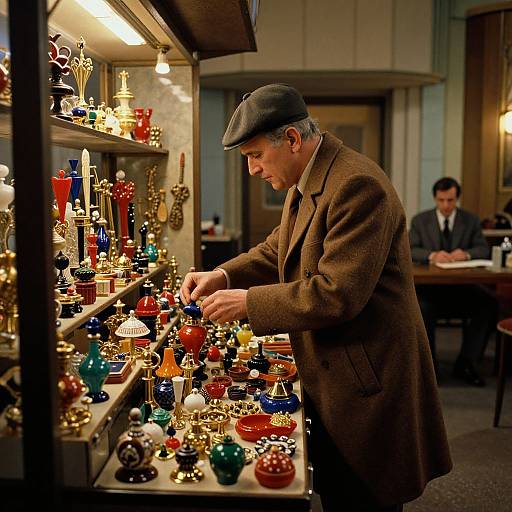 Photograph of an older man in a brown coat and flat cap, examining colorful glass and metal trinkets in a warmly lit antique shop, with