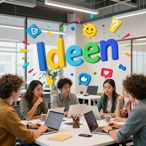 Photograph of five diverse young adults in a modern office, seated at a white table with laptops, surrounded by colorful 