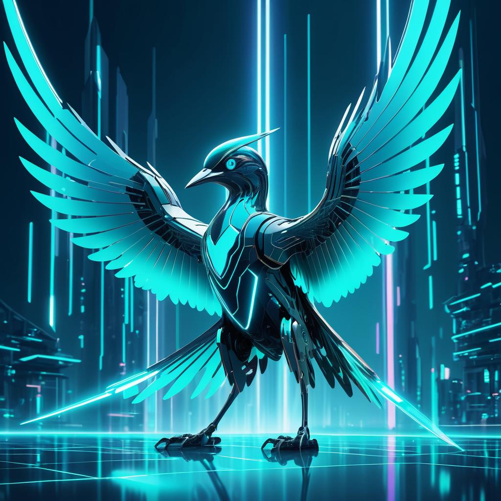 Sleek Cybernetic Bird in Digital Landscape