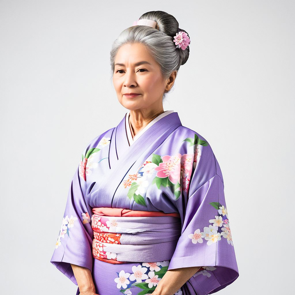 Calm Elderly Woman in Floral Yukata