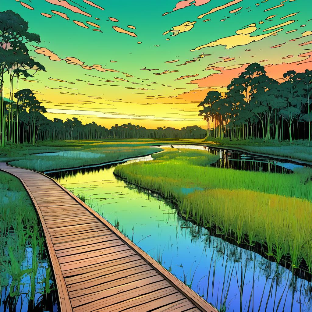 Sunset Over Lush Wetlands Boardwalk