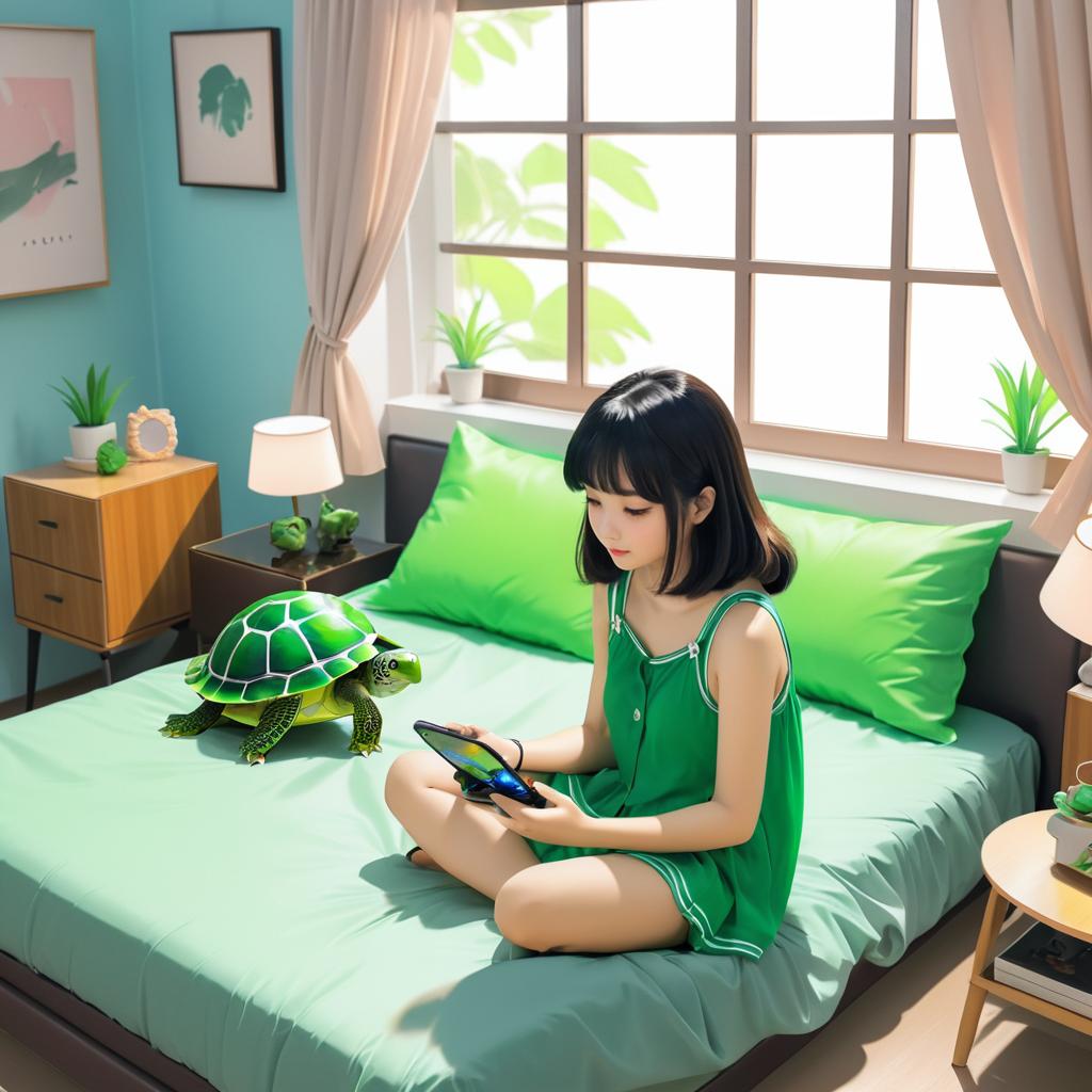 Anime-Style Girl with Turtle and Pet