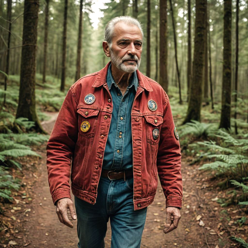 Elderly Man in Forest with Denim Jacket