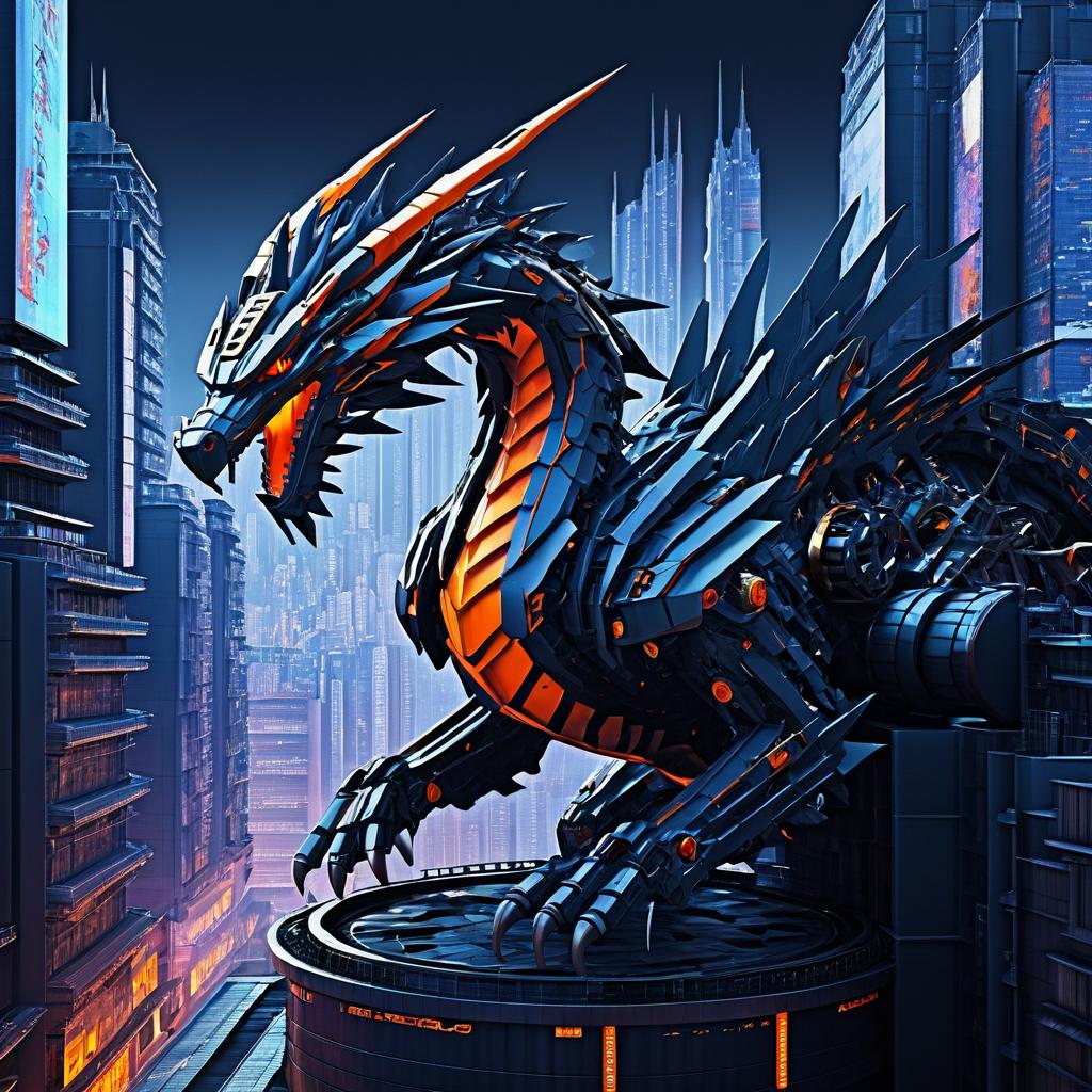 Mechanical Dragon in Cyberpunk Cityscape