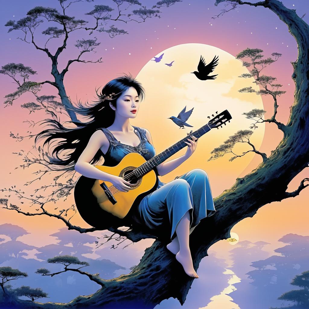 Serene Woman in Tree with Guitar