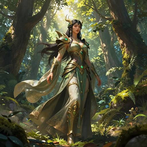 Digital fantasy artwork of a regal, long-haired woman in ornate, green and gold armor with glowing gems, standing in a sunlit, lush