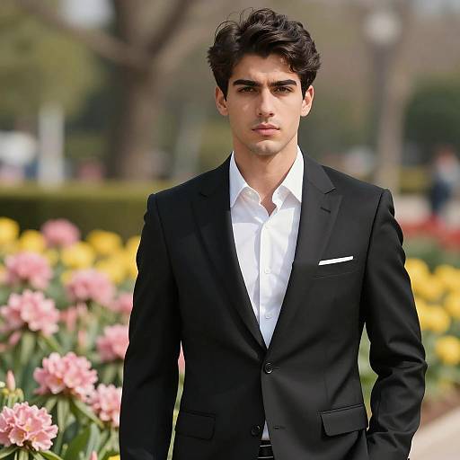 Young Man in Black Suit Outdoors