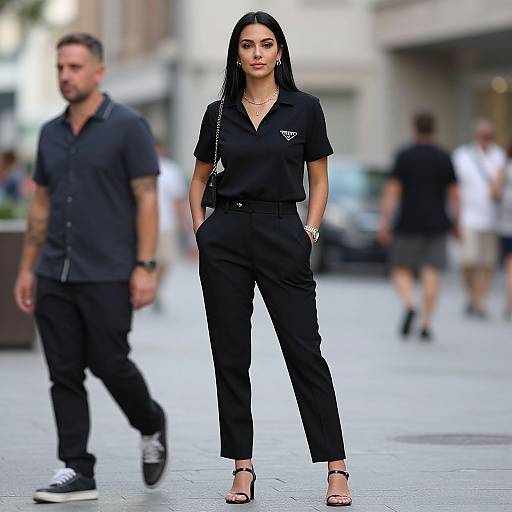 Photograph of a confident woman with long black hair, wearing black blouse and pants, standing in a city street, with blurred pedestrians in the background.