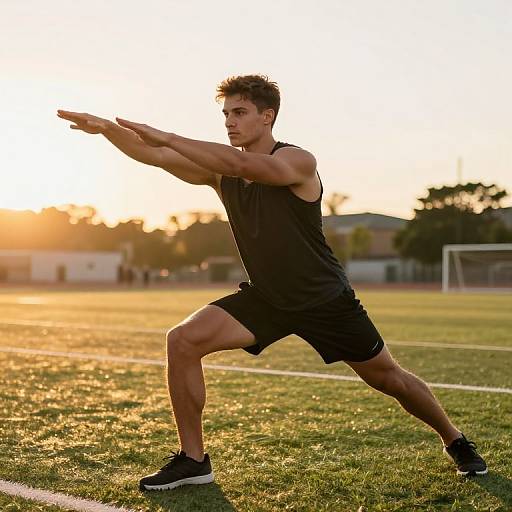Photograph of a muscular, young man in a black tank top and shorts, performing a side lunge on a sunlit soccer field at sunset.