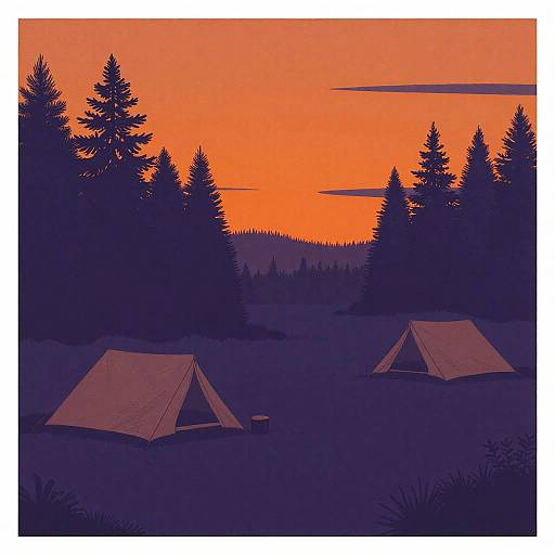 Digital illustration of a vivid orange sunset over a dark forest, with two silhouetted tents in the foreground.