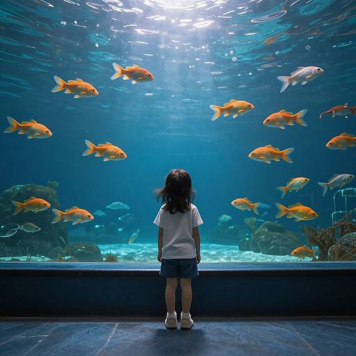 Photograph of a young girl with long brown hair, wearing a white shirt and denim shorts, standing in front of a large aquarium filled with vibrant orange