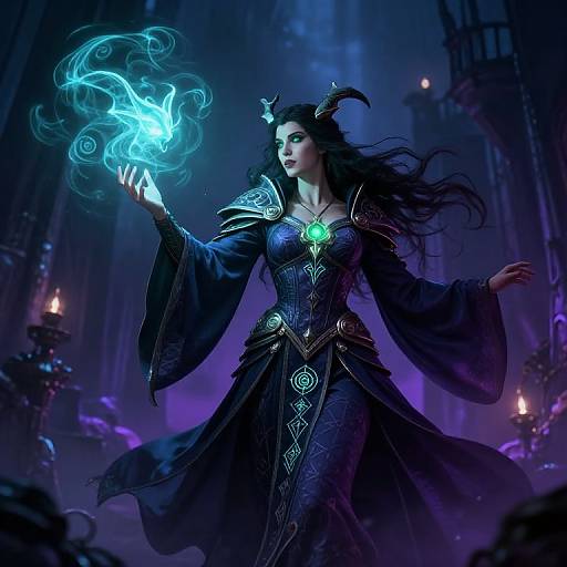 Digital artwork of a dark-haired, horned witch in a glowing blue, ornate gown, conjuring ethereal blue magic in a dimly lit