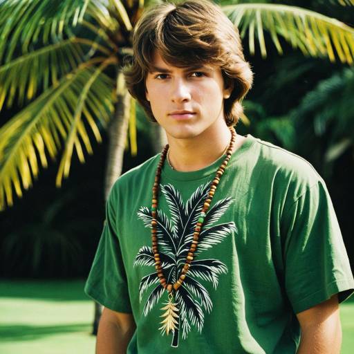 Young Man in Green Tropical Shirt with Necklace