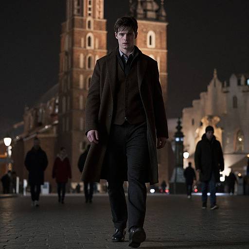 Photograph of a serious, young Caucasian man in a dark brown overcoat and black suit walking in a dimly lit, historic European town square with