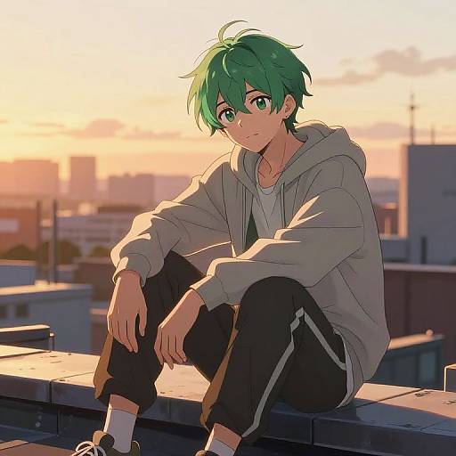 Anime-style digital drawing of a green-haired boy with green eyes, sitting on a rooftop at sunset, wearing a hoodie and black pants. Cityscape in