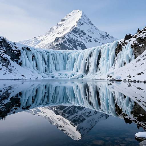 Photograph of a snow-covered mountain with cascading ice formations reflected in a still, mirror-like lake under a clear blue sky.
