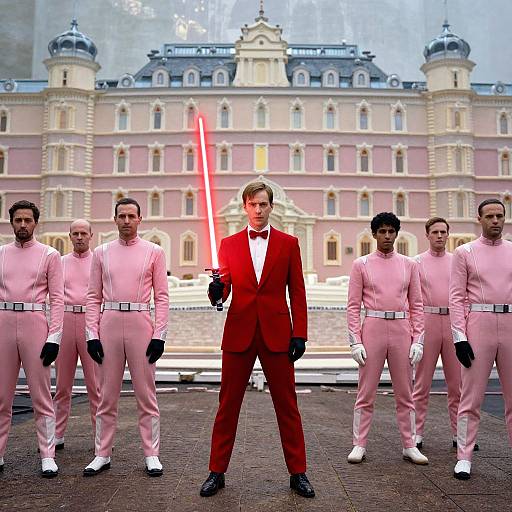 Photorealistic digital image of a man in red suit and bow tie holding glowing red lightsaber, surrounded by six men in pink suits and black gloves