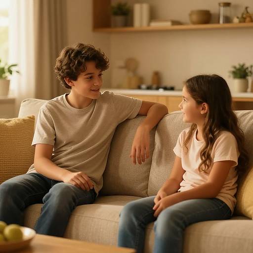 Photograph of a young boy and girl, both in casual clothes, sitting on a beige couch, smiling at each other in a warmly lit, cozy