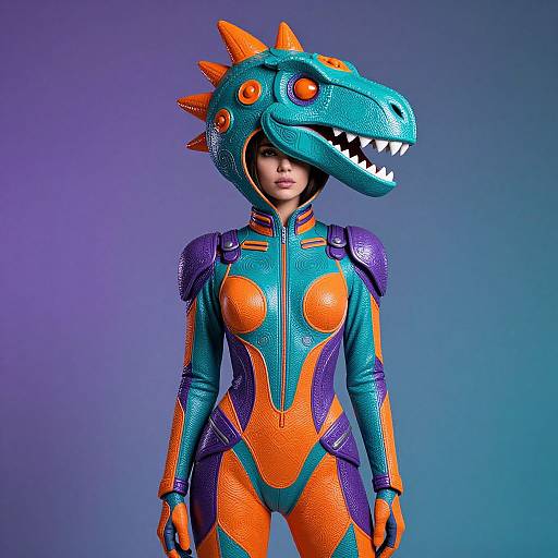 Photograph of a woman in a vibrant, neon-colored, dinosaur-themed cosplay suit with an orange and blue reptile hood and purple accents, set against