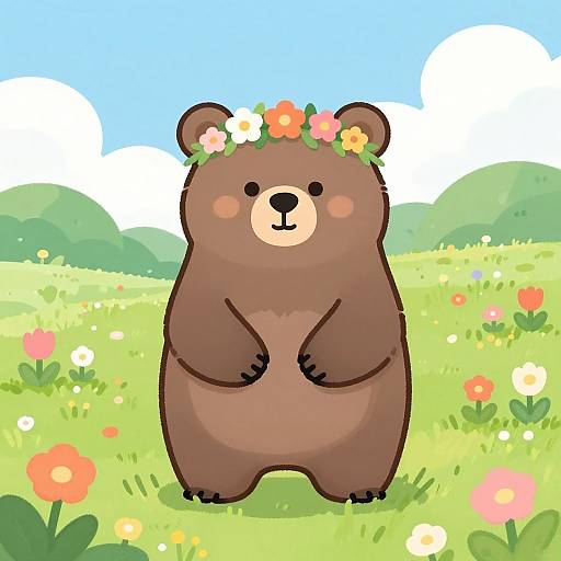 Cartoon brown bear standing upright in a colorful meadow, wearing a flower crown, with a bright blue sky and white clouds in the background. Digital