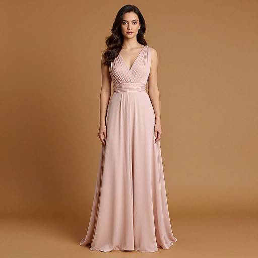 Photograph of a woman with long dark hair wearing a floor-length, pale pink, V-neck, sleeveless gown with a gathered waist, standing against
