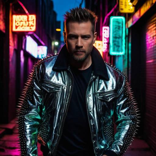 Man in Spiked Leather Jacket in Neon Alley