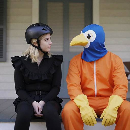 Two People in Costumes Sitting on Porch
