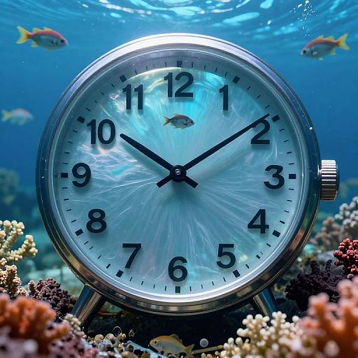 Photograph of an underwater clock with black numbers, surrounded by colorful coral and fish, with sunlight filtering through the water.