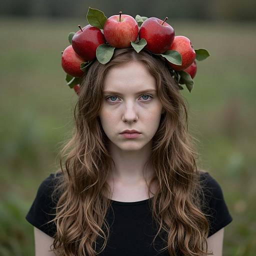Photograph of a pale, young woman with long, wavy brown hair, wearing a crown of red apples and green leaves, in a blurred green