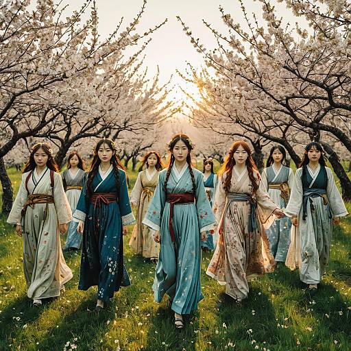 Twelve Women in Traditional Clothing Walking in Cherry Orchard