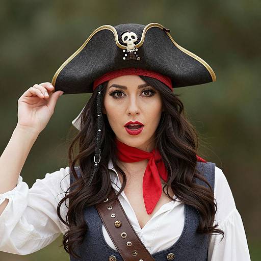 Photograph of a fair-skinned woman with long black hair, red lips, wearing a pirate hat with skull emblem, red scarf, white shirt,