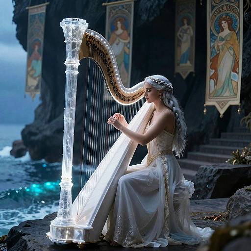 Mystical Harpist Priestess with Crystalline Harp