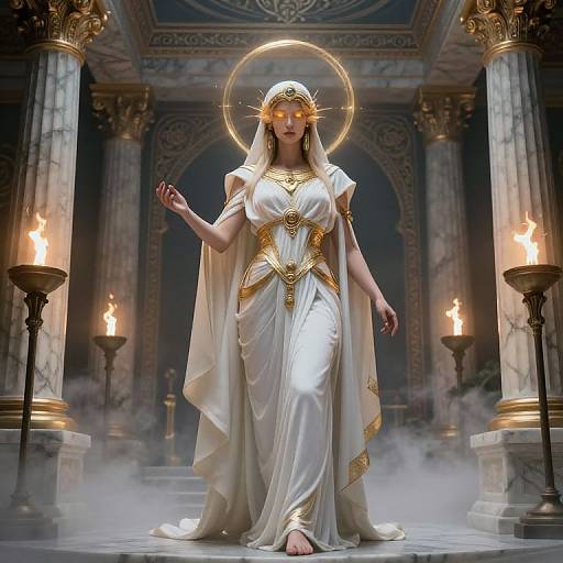 Digital artwork of a celestial woman with glowing halo, wearing a white, gold-accented gown, standing in a misty, torch-lit temple