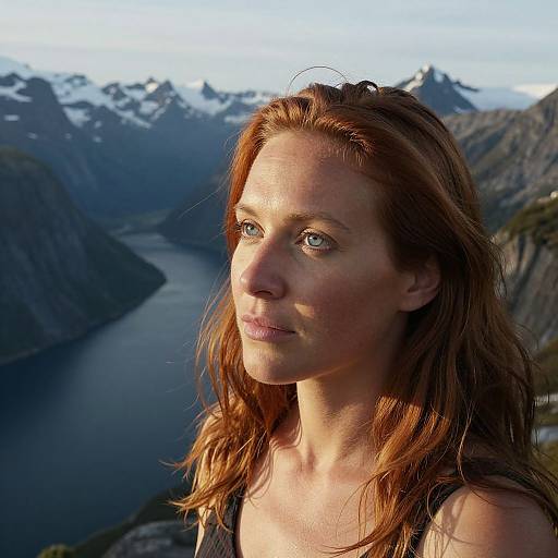 Photograph of a fair-skinned, red-haired woman with blue eyes, gazing into the distance, set against a mountainous, snow-capped
