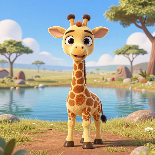 CGI cartoon giraffe with large eyes, standing on a dirt path by a serene water body, surrounded by grass, rocks, and African-style trees