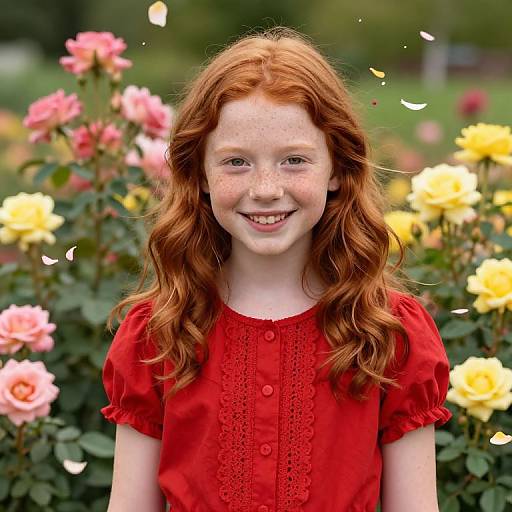 Photograph of a smiling young girl with red curly hair, freckles, wearing a red dress, standing in a vibrant garden with pink and yellow